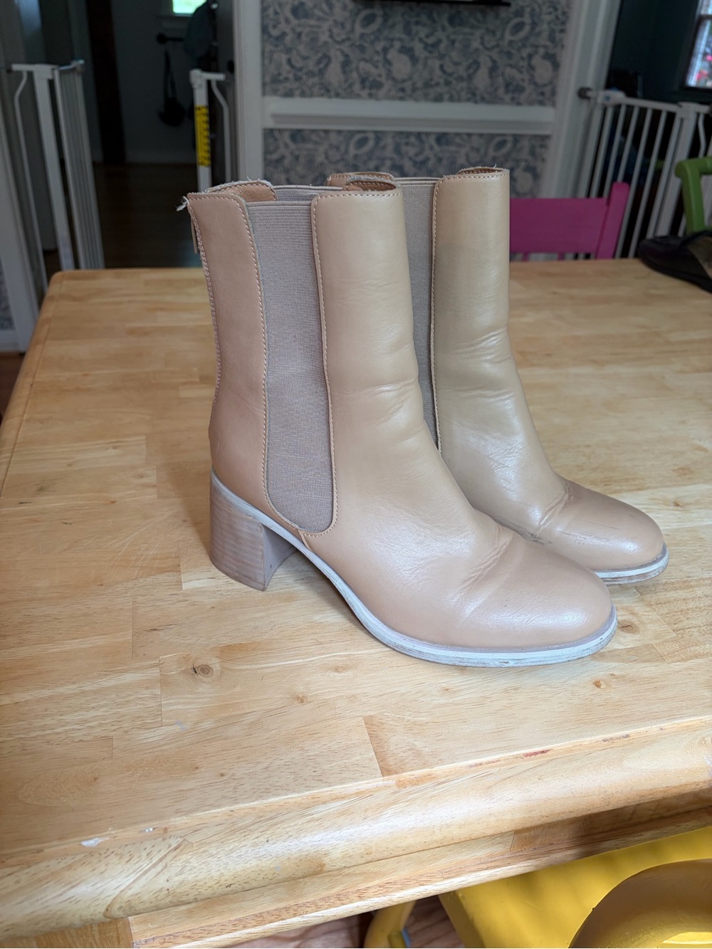 Classic Beige Leather Mid-Heel Chelsea Boots